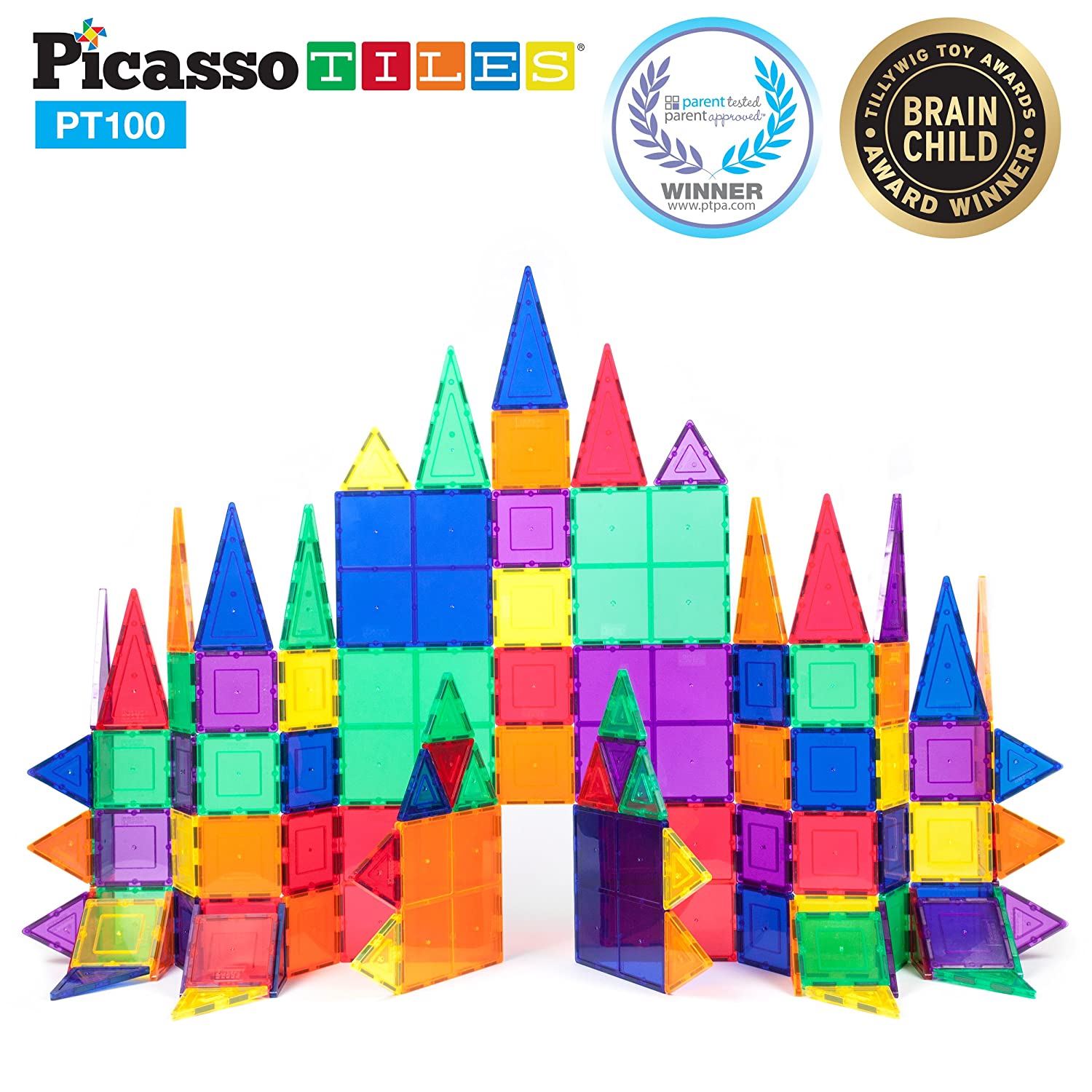 PicassoTiles 100 Piece Set 100pcs Magnet Building Tiles Clear Magnetic 3D Building Blocks Construction Playboards