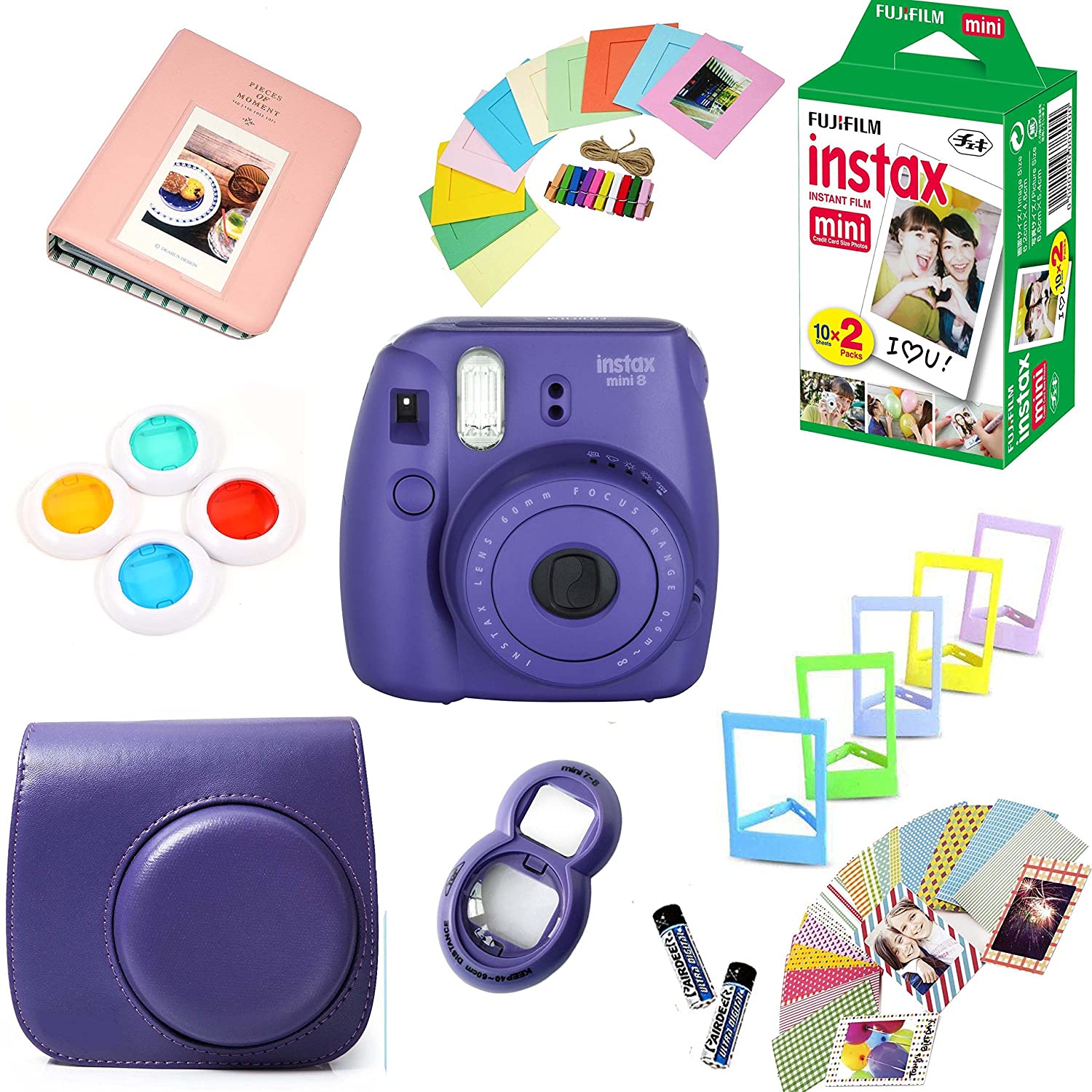 Fujifilm Instax Mini 8 Film Camera (Grape) + Instax Mini Film (20 Shots) + Protective Camera Case + Selfie Lens + Filters + Frames Photix Decorative Design Kit