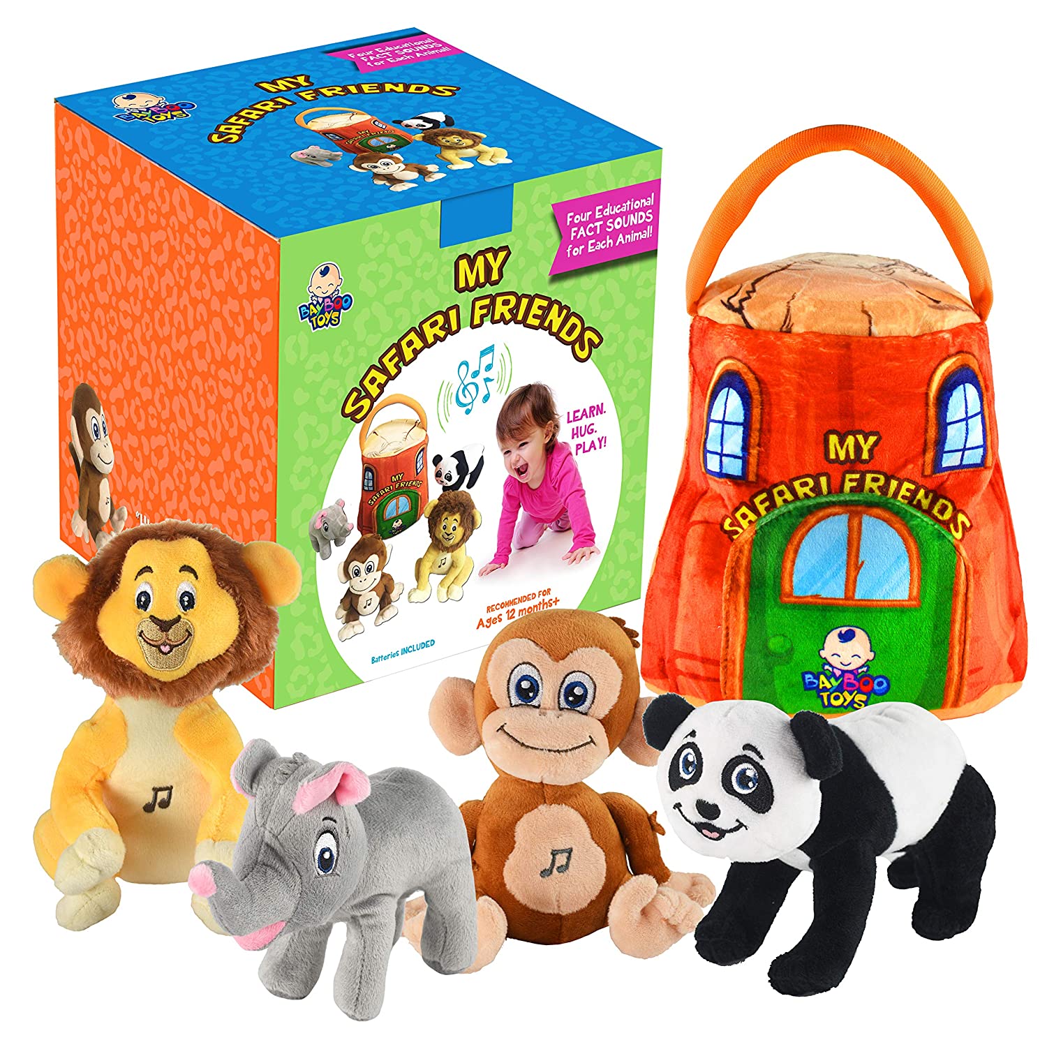 gift for 1 year old EDUCATIONAL Plush Toy Talking Animal Set, Stuffed Animals, Elephant Monkey Lion & Panda Baby Toddler Toys, FEATURING 4 ADORABLE AUDIOS for ALL 4 Toys, REAL SOUNDS and 4 FUN FACTS!