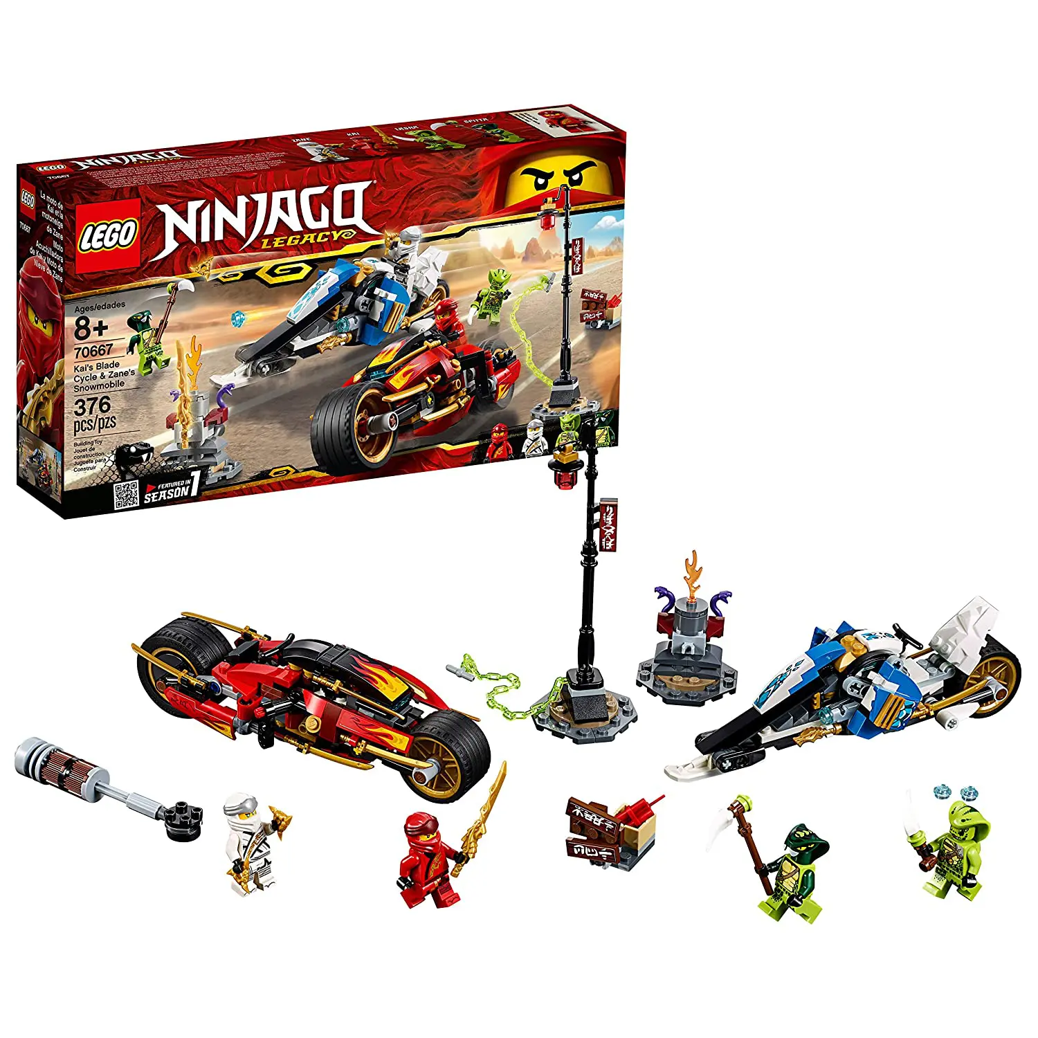 LEGO NINJAGO Legacy Kai’s Blade Cycle & Zane’s Snowmobile 70667 Building Kit (376 Pieces)