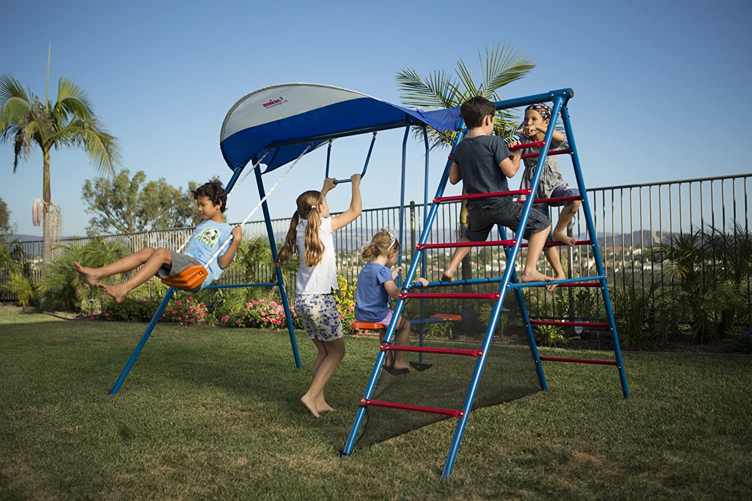 Ironkids Challenge 100 Metal Swing Set with Ladder Climber and UV Protective Sunshade