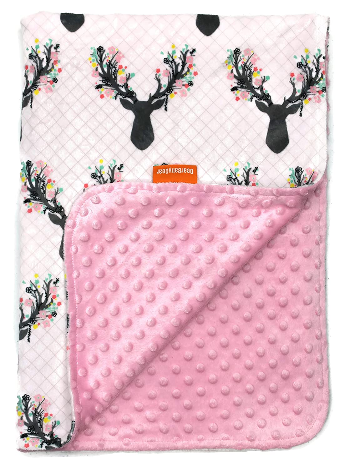 Dear Baby Gear Deluxe Baby Blankets, Custom Minky Print Antler Flowers Antler Flowers, Pink Minky Dot