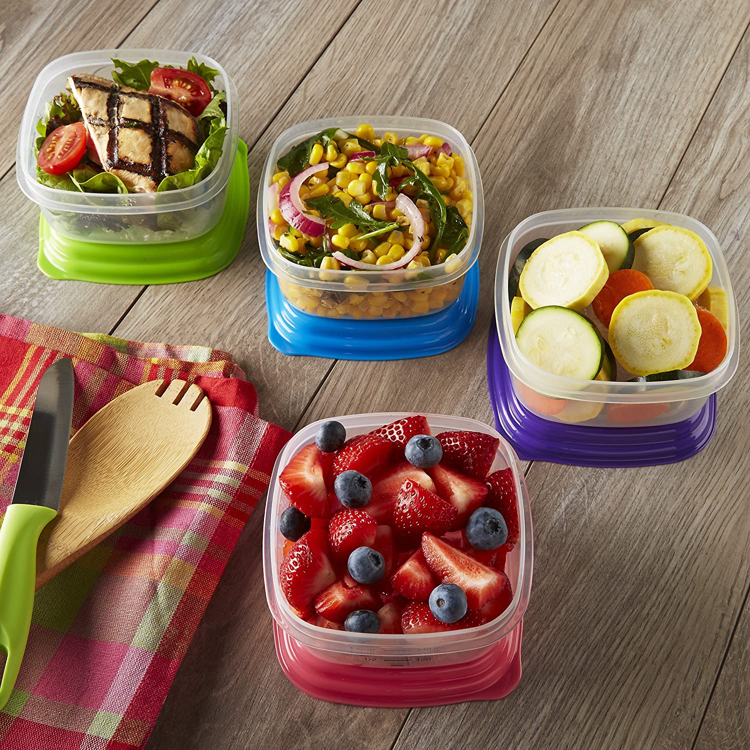 Fit & Fresh Stak Pak Portion Control 1-Cup Container Set, 4 BPA-Free Reusable Food Storage Containers and Ice Packs, Healthy Lunch and Snack for School/Work