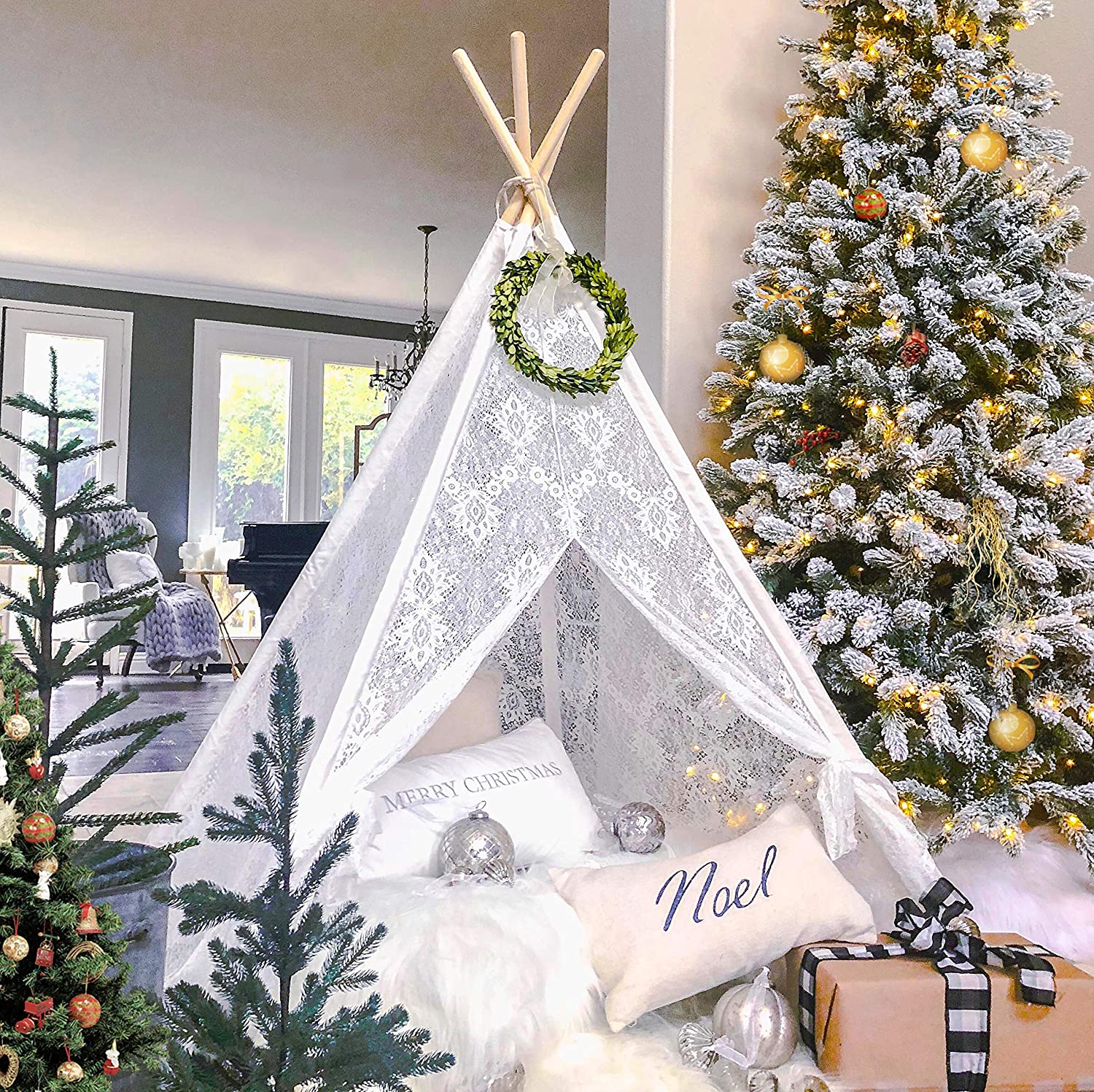 Kids Teepee Tent for Girls, Sheer Lace Indoor and Outdoor Canopy and Creative Play Space