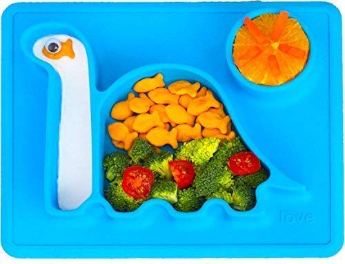 Silicone Placemat Toddler Plates - The Happy Good Dino Pad - from Freezer to Microwave to Table. Fits in a Ziplock Bag. (Blue)