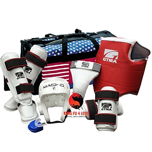 Taekwondo Vinyl Sparring Gear Set with SHIN Instep & Bag - Black - Adult-Small