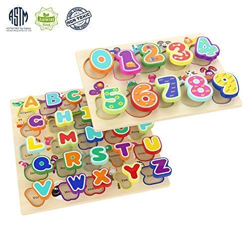 TOP BRIGHT Educational Toys for 1 Year Old Girl Boy Gifts Wooden Alphabet Puzzles for Toddlers (Pack of 2)