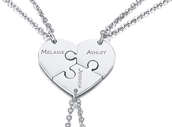 PJ Jewelry Personalized Custom Stainless Steel 3pcs Best Friends Forever BFF Puzzle Piece Necklaces