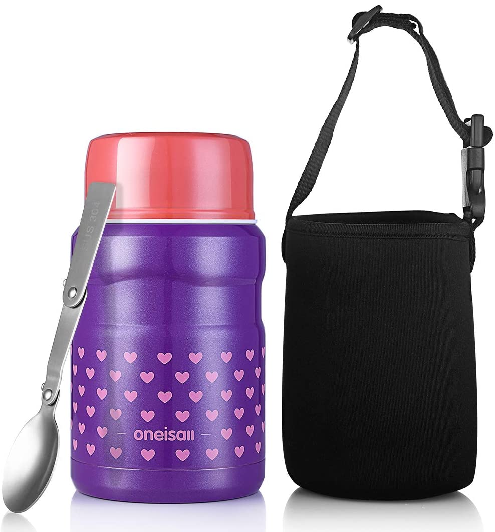 Stainless Steel Soup Food Flask Wide Mouth Lunch Container with Folding Spoon and Lunch Bag for Kids