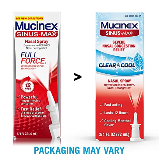 Nasal Decongestant Spray, Mucinex Sinus-Max Clear & Cool Nasal Spray, 0.75 oz, Lasts 12 Hours, Fast Acting, Cooling Menthol Flavor,  Packaging May Vary