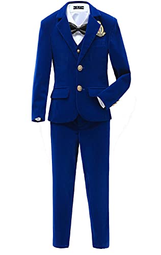 YuanLu Boys Velvet Blue Suits 5 Piece Slim Fit Dress Suit Set for Wedding