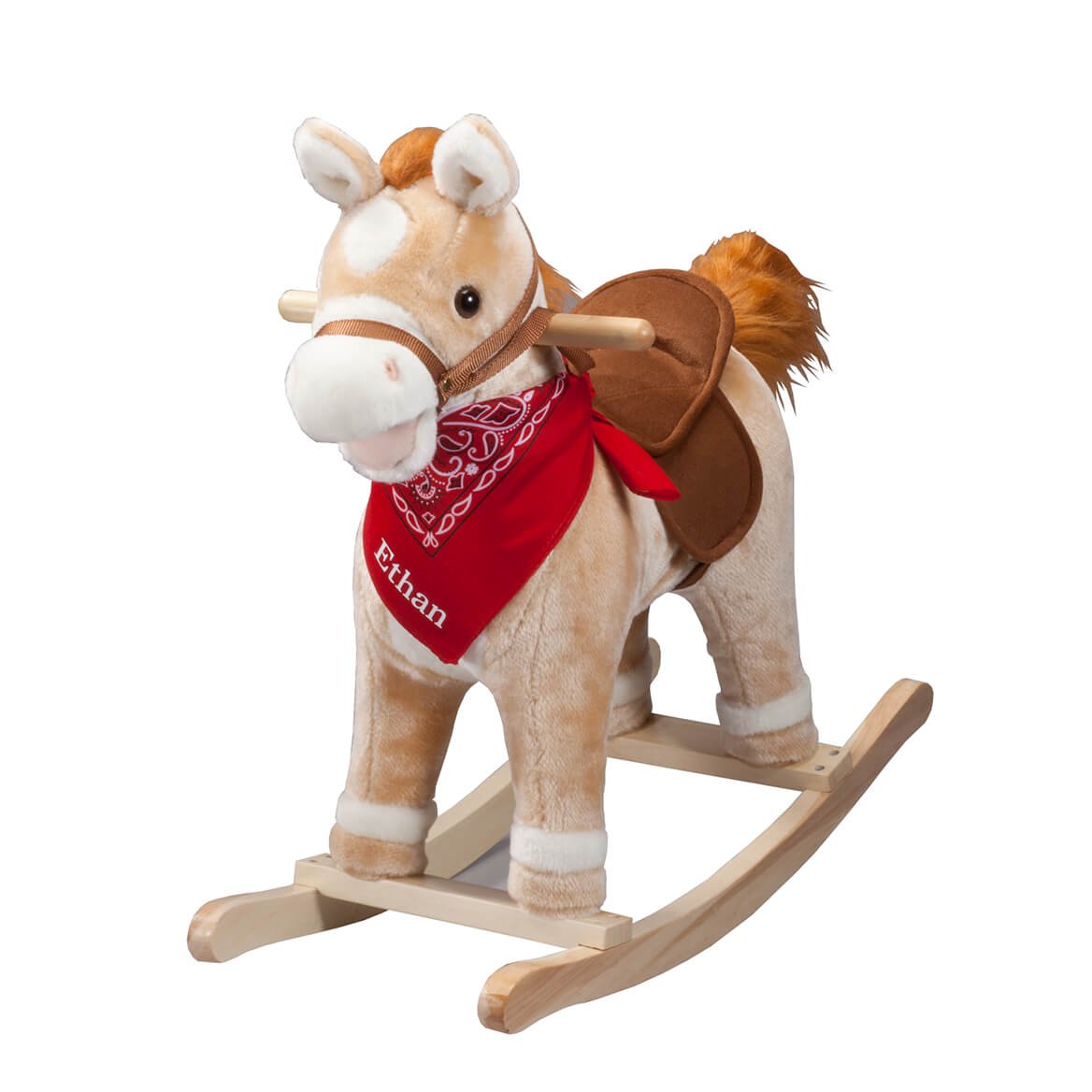 Fox Valley Traders Personalized Animated Rocking Horse with Sounds, Customized Ride-On Pony with Wooden Base
