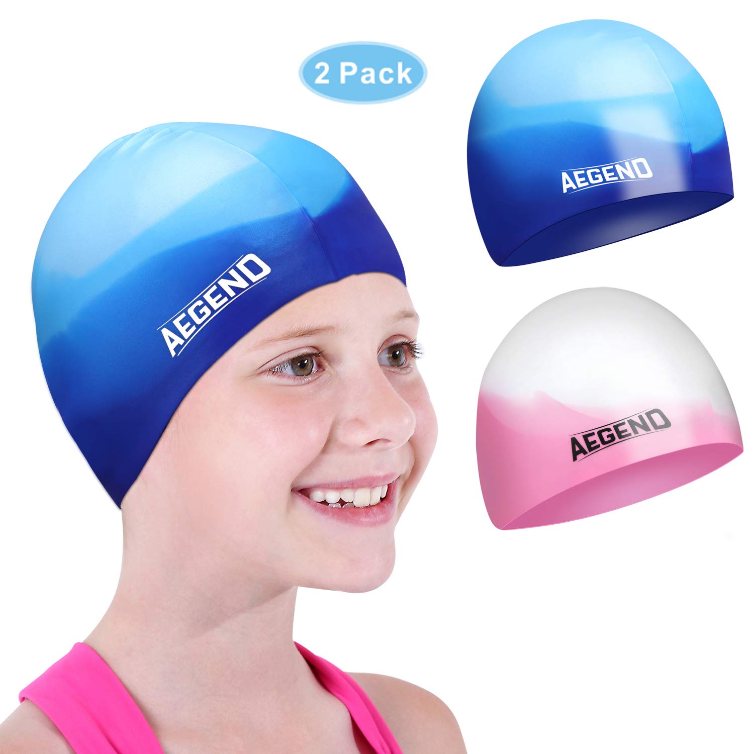 egend 2 Pack Swim Cap for (Age 3-12), Durable Silicone Swimming Cap for Kids Youths, Comfortable Fit for Long Hair and Short Hair, 3 Colors