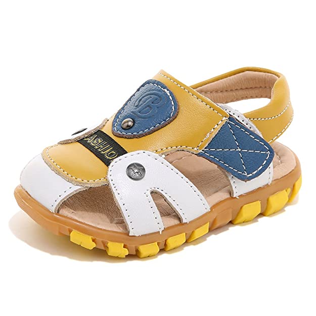 HOBIBEAR Boy's Girl' White/Yellow Closed-Toe Leather Sport Sandal(Toddler/Little Kid)