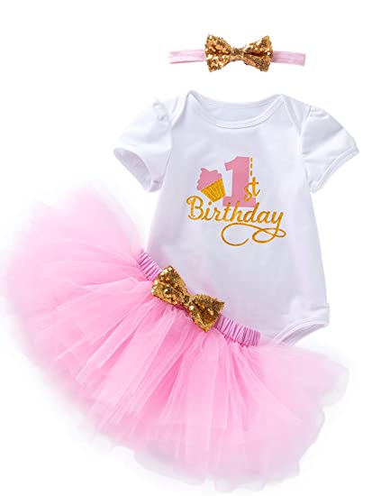 3Pcs Outfit Set Baby Girls One Year Old Birthday Lace Tutu Bodysuit Skirt with Headband