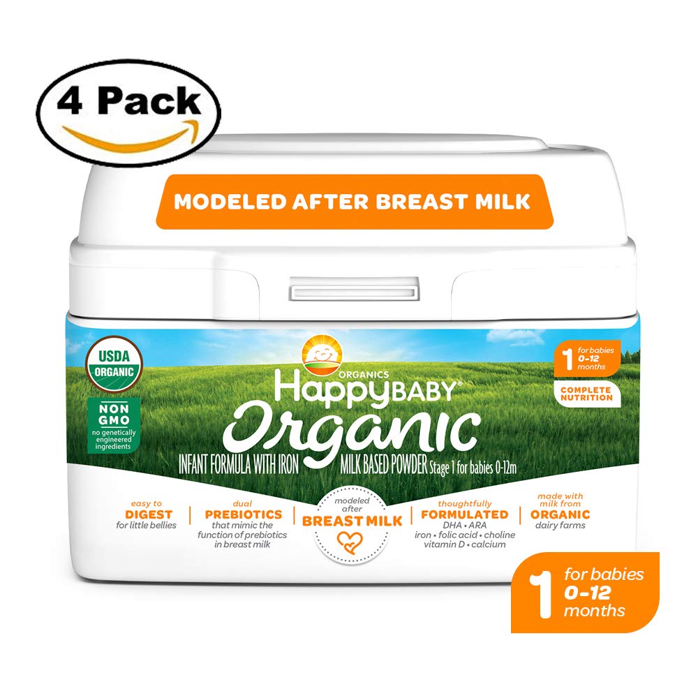Happy Baby Organic Infant Formula Milk Based Powder with Iron, Stage 1, 21 Ounces, 4 Count (Packaging May Vary)