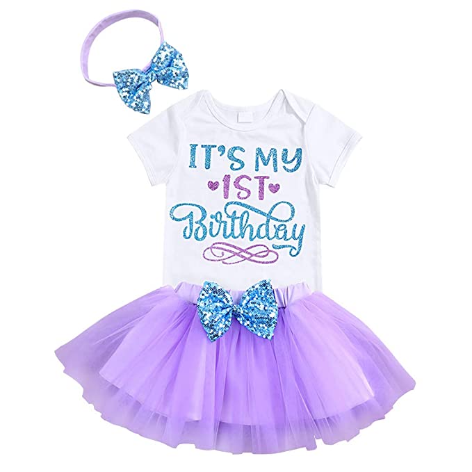 YOUNGER TREE Newborn Baby Girls It's My 1st Birthday Dress Infant Shiny Printed Sequin Bowknot Tutu Princess Dress