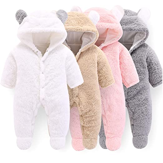 VNVNE Newborn Baby Cartoon Bear Snowsuit Warm Fleece Hooded Romper Jumpsuit