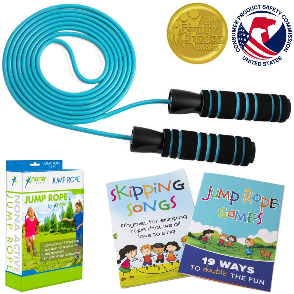 Adjustable Jump Rope - for Kids and Adults - Long Lasting Rope with Anti-Slip Handles and Smooth Rotation - Plus Games Book and Skipping Songbook