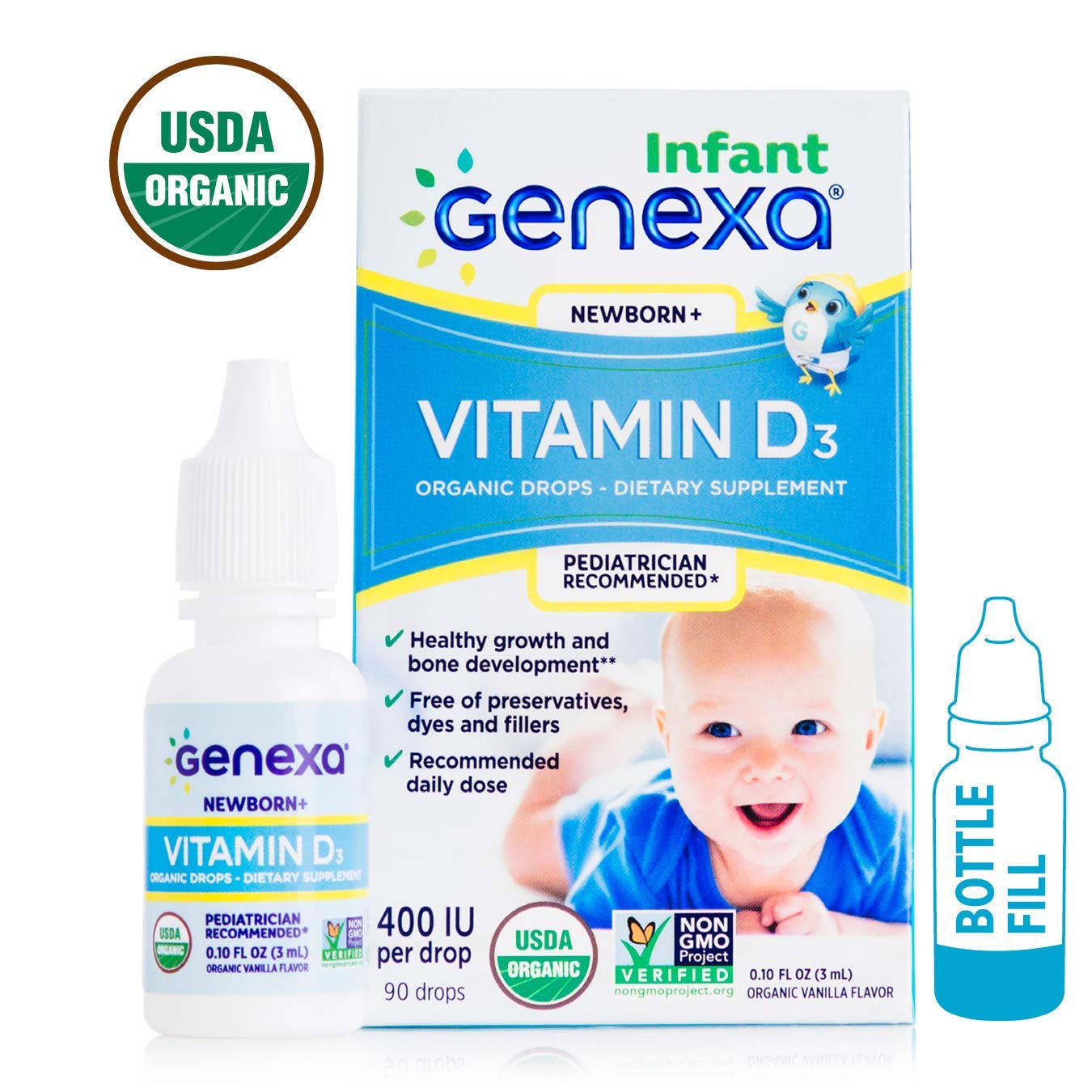 Genexa Vitamin D3 Drops for Infants – 90 Servings | Certified Organic & Non-GMO, Pediatrician Recommended