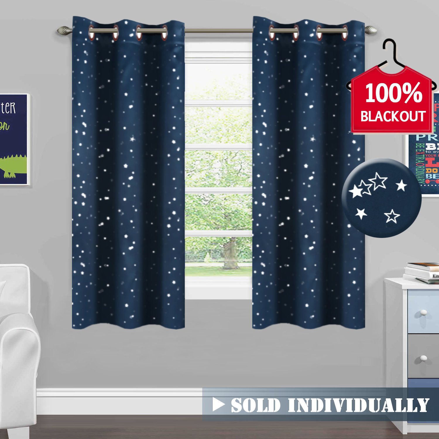 H.VERSAILTEX 100% Blackout Curtain Thermal Insulated Navy Stars Kids Room Curtain Panels Antique Grommet Window Treatments for Short Window