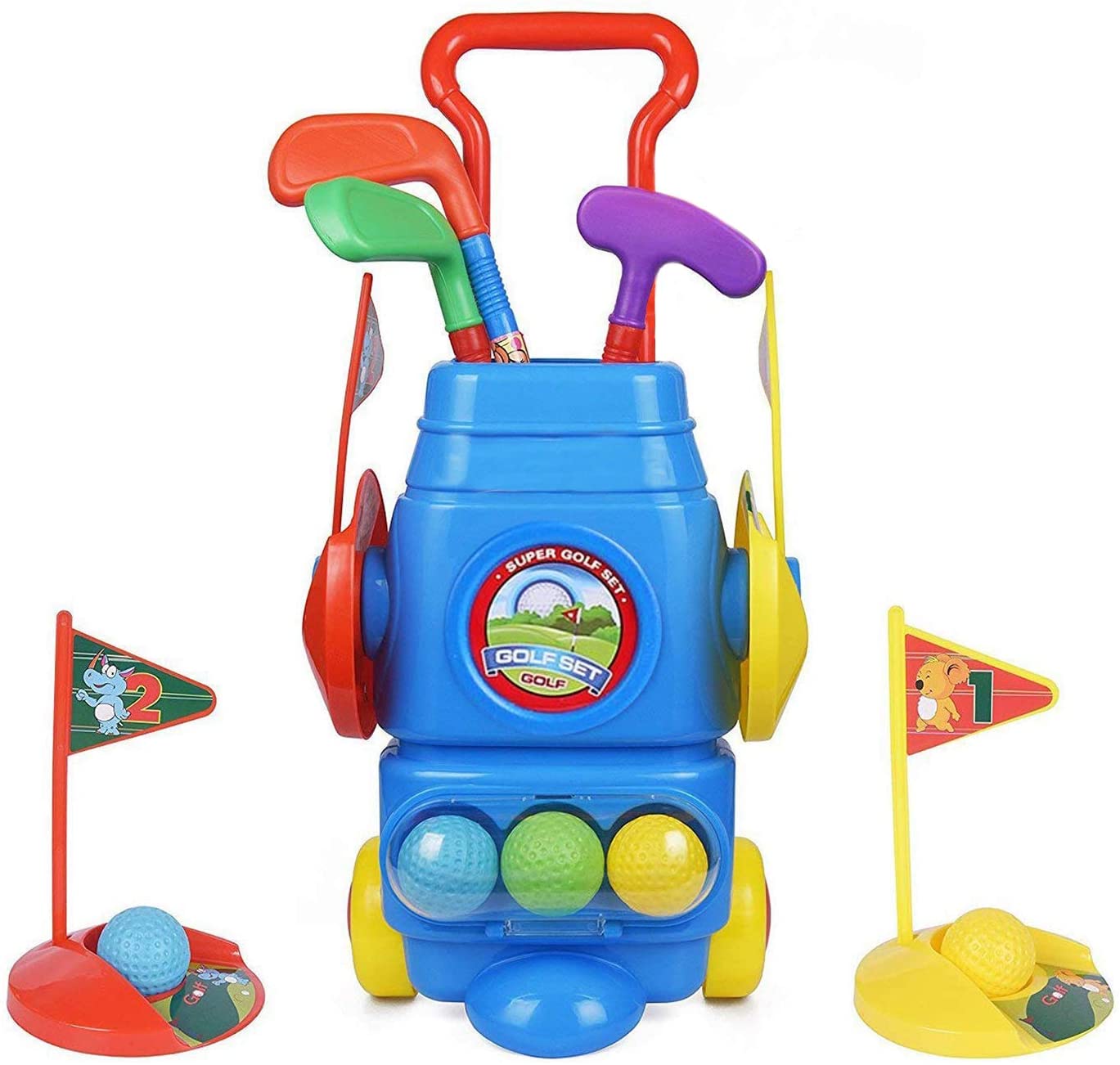 ToyVelt Kids Golf Club Set – Golf CartWith Wheels, 3 Colorful Golf Sticks, 3 Balls & 2 Practice Holes