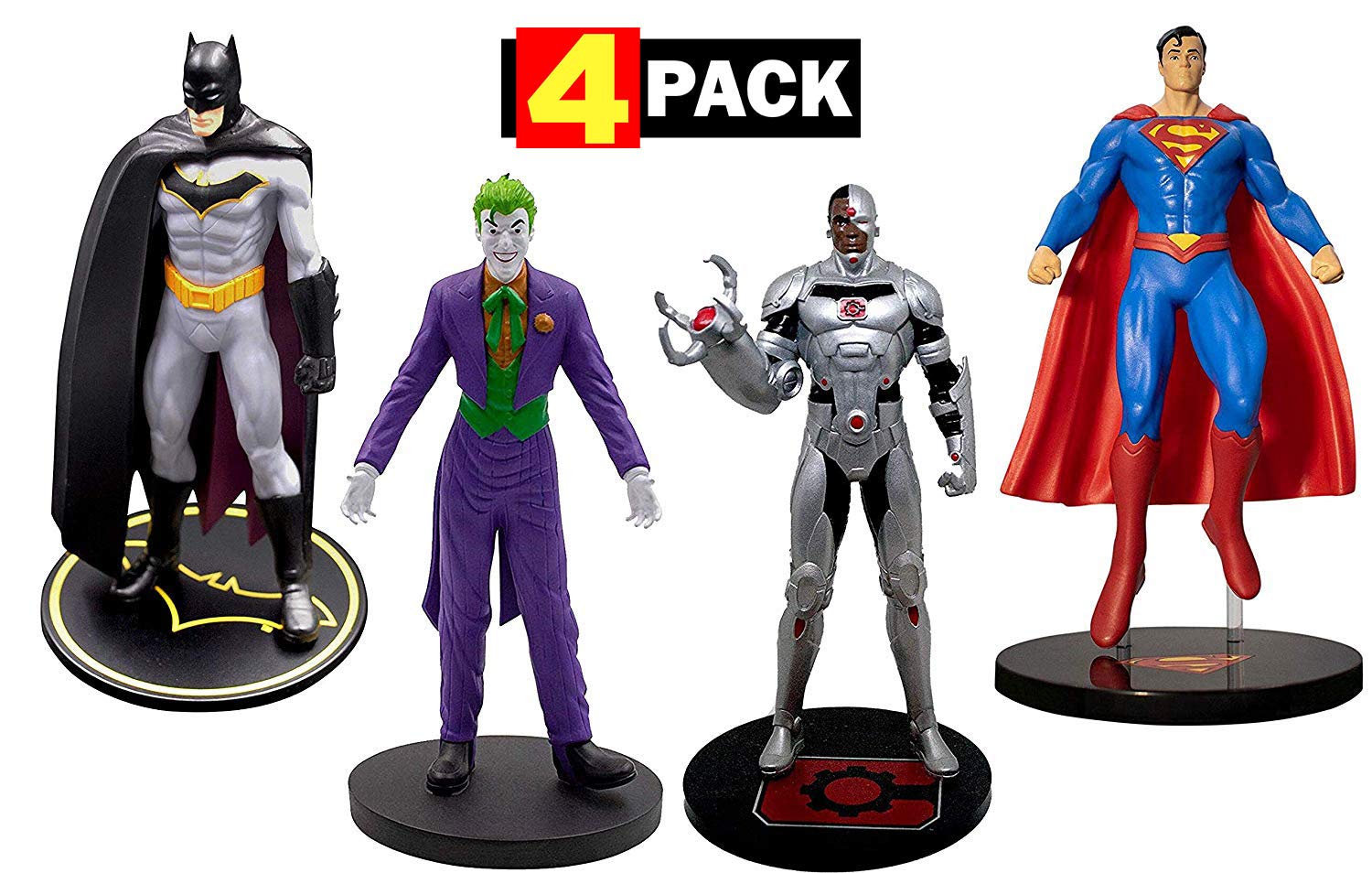 Batman, Superman, Cyborg & The Joker Premium Figure Set 4-Pack | DC Comics Collectible Toy
