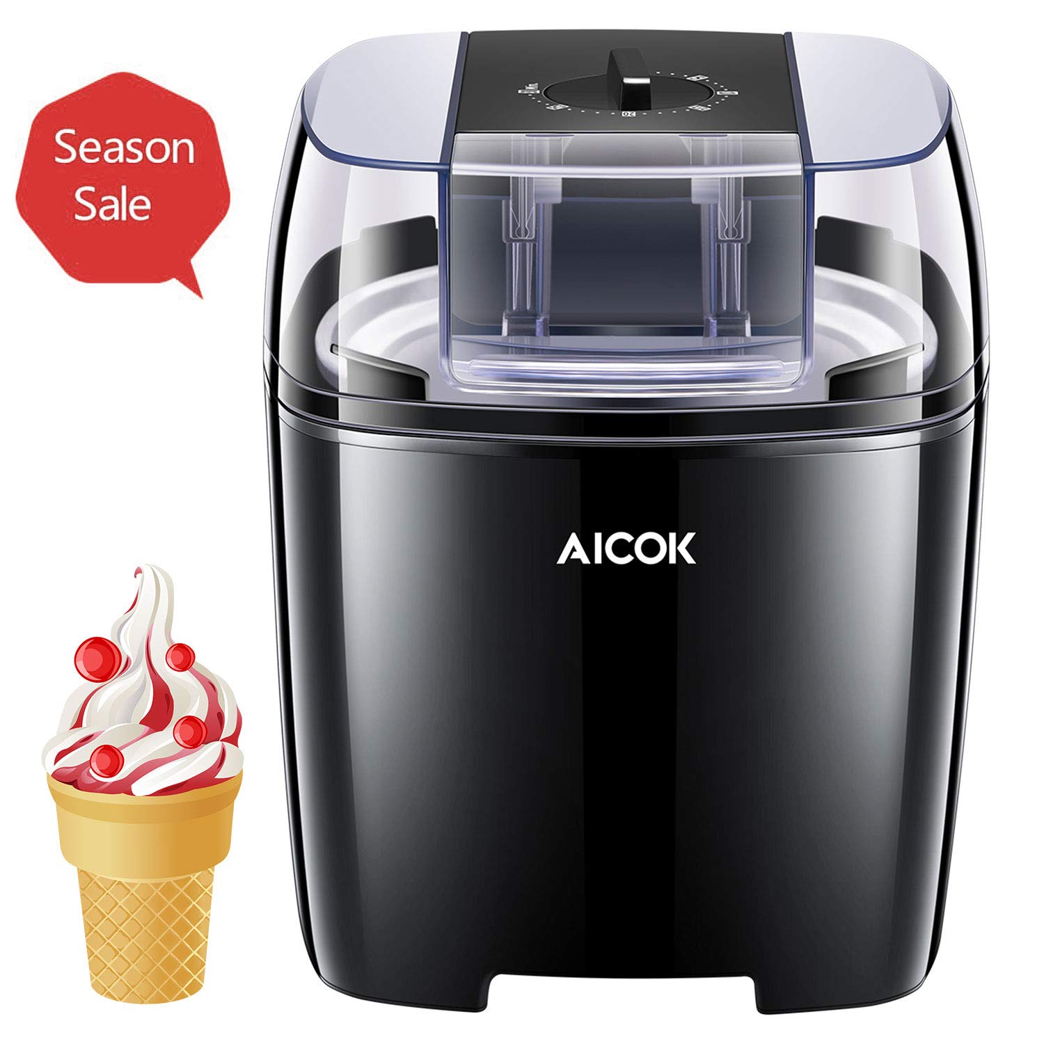 Aicok Ice Cream Maker, 1.6 Quart Automatic Frozen Yogurt and Sorbet Machine, BPA-Free with Timer Function, Easy Homemade Ice Cream with Instruction Book, Black