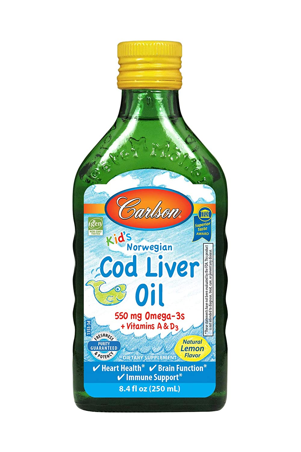 Carlson - Kid's Cod Liver Oil, 550 mg Omega-3s, Vitamins A & D3, Wild Norwegian, Lemon, 250 ml