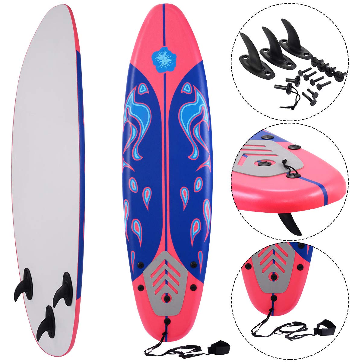 Giantex 6' Surfboard Surfing Surf Beach Ocean Body Foamie Board with Removable Fins, Great Beginner Board for Kids, Adults and Children