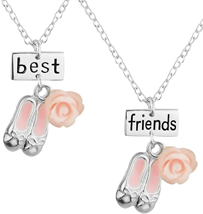 Best Friends Necklace for 2: .925 Sterling Silver Pink Ballet Slippers Best Friends Necklace Set