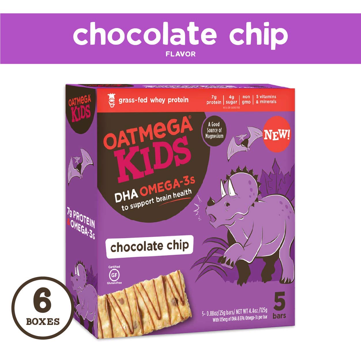 Oatmega Kids Protein Bars, Healthy Snack with Omega 3, Chocolate Chip, 6 Boxes of 5 Bars