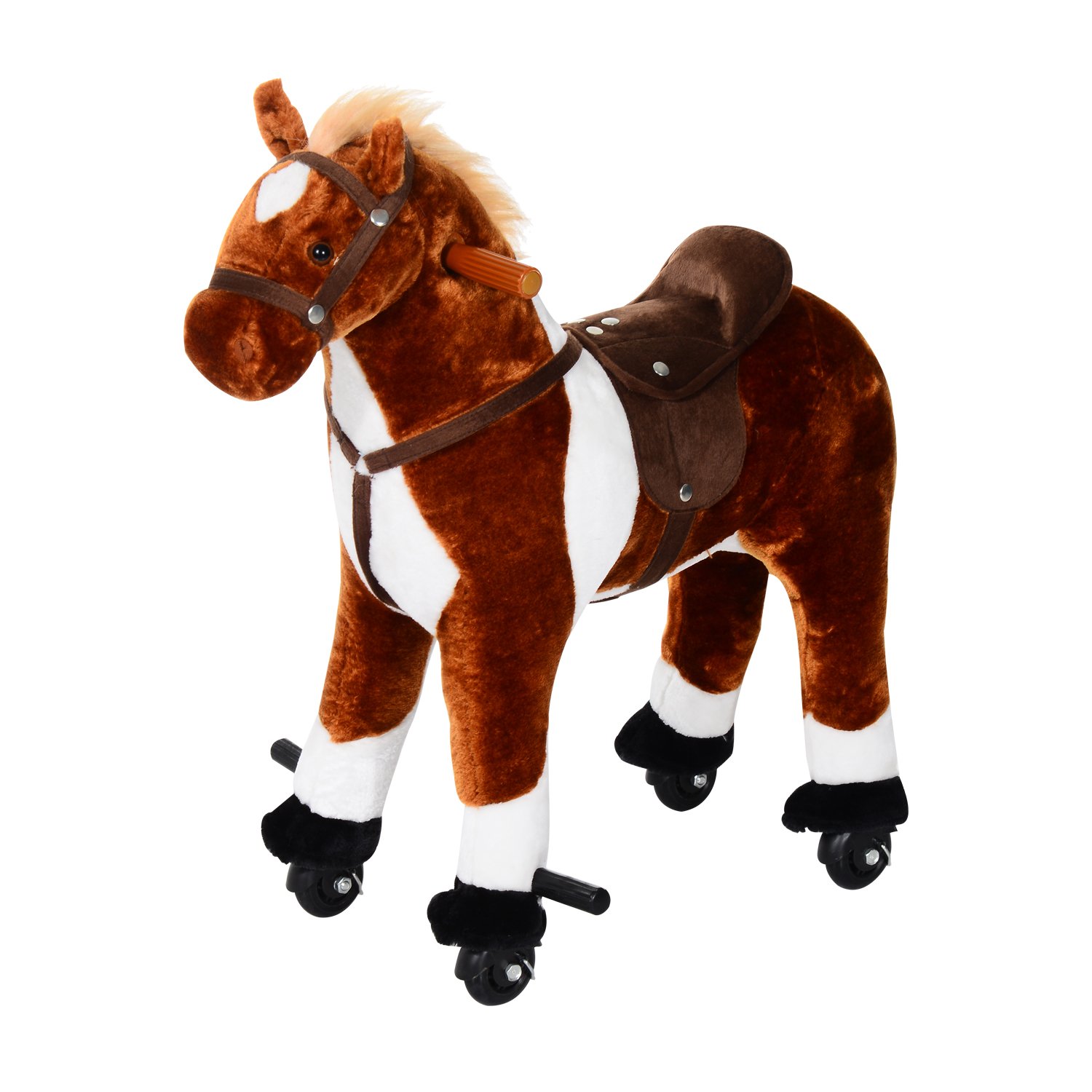 Qaba 30"H Kids Plush Ride On Toy Walking Horse with Wheels and Realistic Sounds - Brown