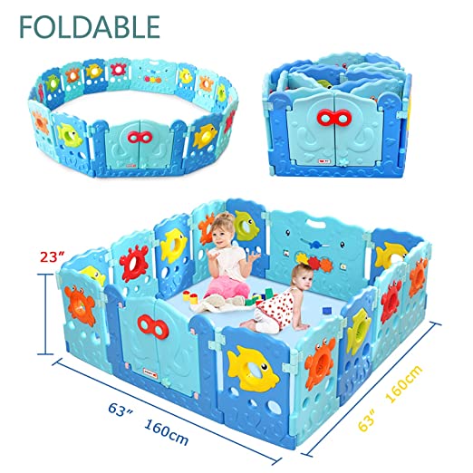 Baby Playpen - Kids 14 Panel Activity Centre Safety Play Yard, Home Indoor Outdoor New Pen - Sea World