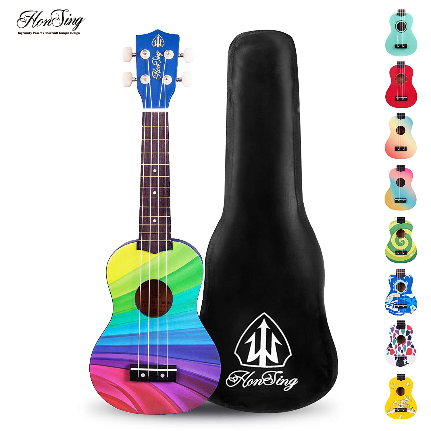 Honsing Soprano Ukulele Beginner Hawaii kids Guitar Uke Basswood 21 inches with Gig Bag- multicolor matte finish