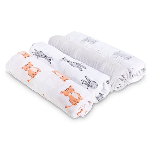 Aden by aden + anais Swaddleplus Baby Swaddle Blanket, 100% Cotton Muslin, Large 44 X 44 inch, 4 Pack, Safari Babes