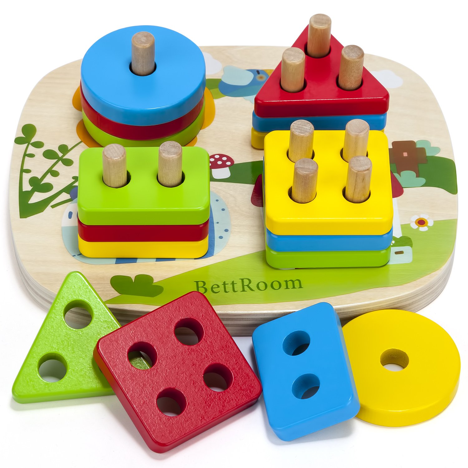 BettRoom Toddler Toys for 1 2 3 4-5 Year Old Boys Girls Wooden Educational Preschool Shape Color Recognition Geometric Board Blocks Stacking Sort Kids Children Baby Non-Toxic
