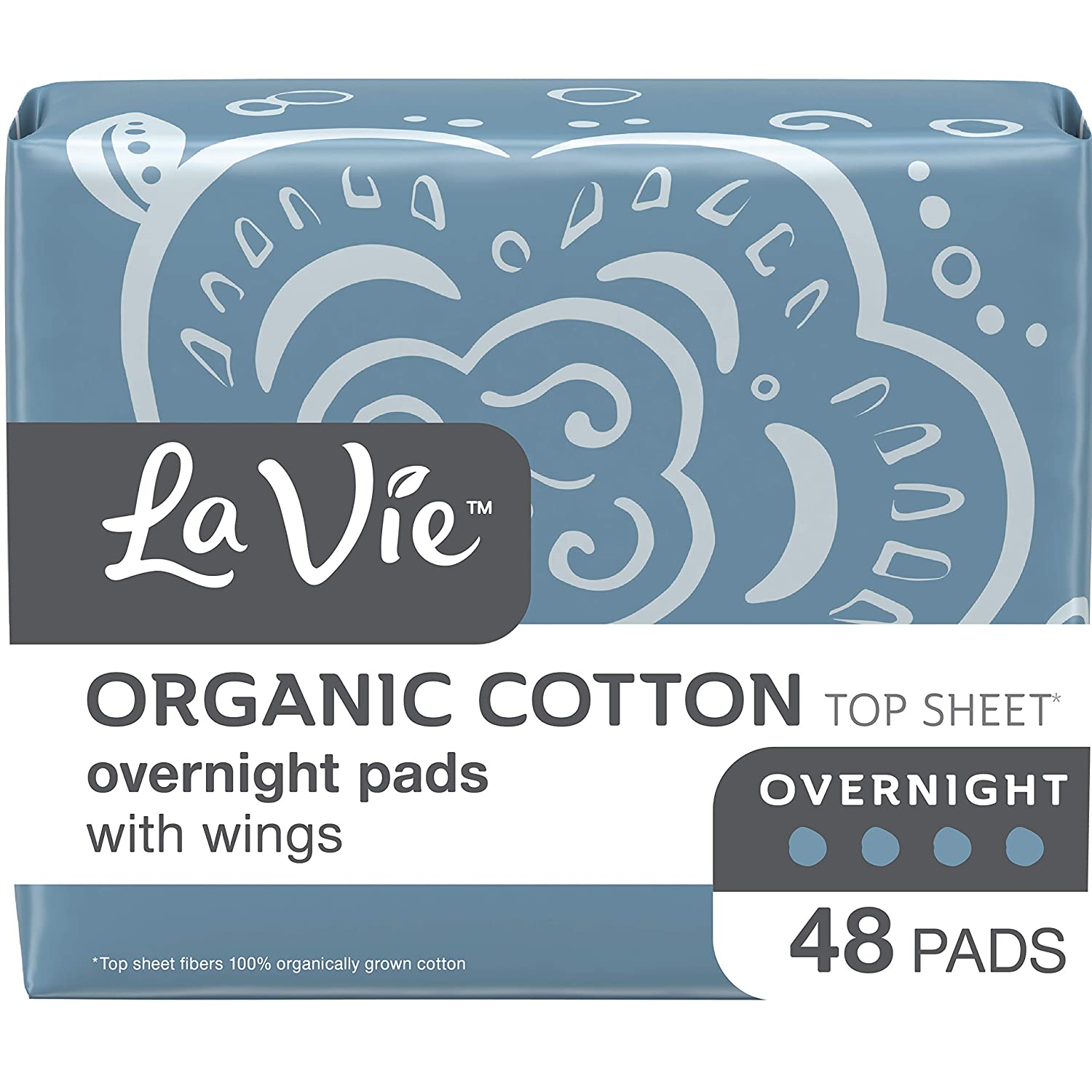 La Vie Organic Cotton Top Sheet* Feminine or Postpartum Pads with Wings, Overnight, Long, 48 Count