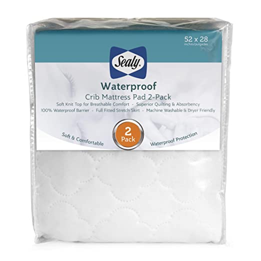 Sealy Waterproof Fitted Toddler and Baby Crib Mattress Pad Cover 2-Pack - 100% Waterproof, Deep Fitted Stretch Skirt, Machine Washable & Dryer Friendly 52&quot;x28&quot;, 2 Protector Pads, White
