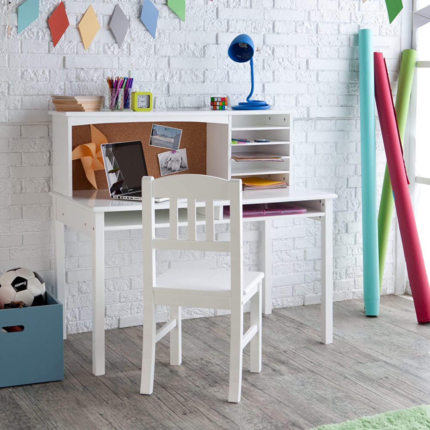 Guidecraft Children’s Media Desk and Chair Set White: Student Study Computer Workstation, Wooden Kids Bedroom Furniture