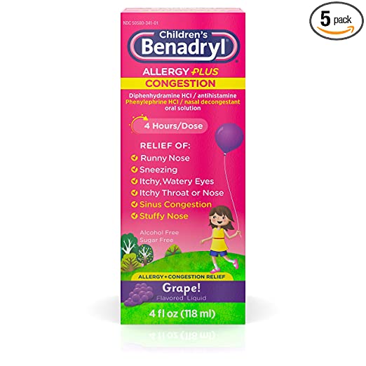 Benadryl Children's Allergy plus Congestion Liquid Grape Flavored - 4 oz, Pack of 5