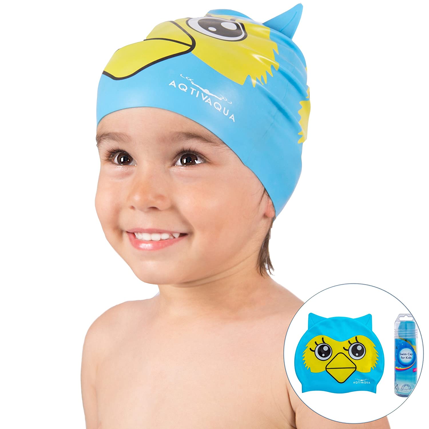 AqtivAqua Kids Swim Cap // Waterproof Silicone // Swimming Cap Boys Girls