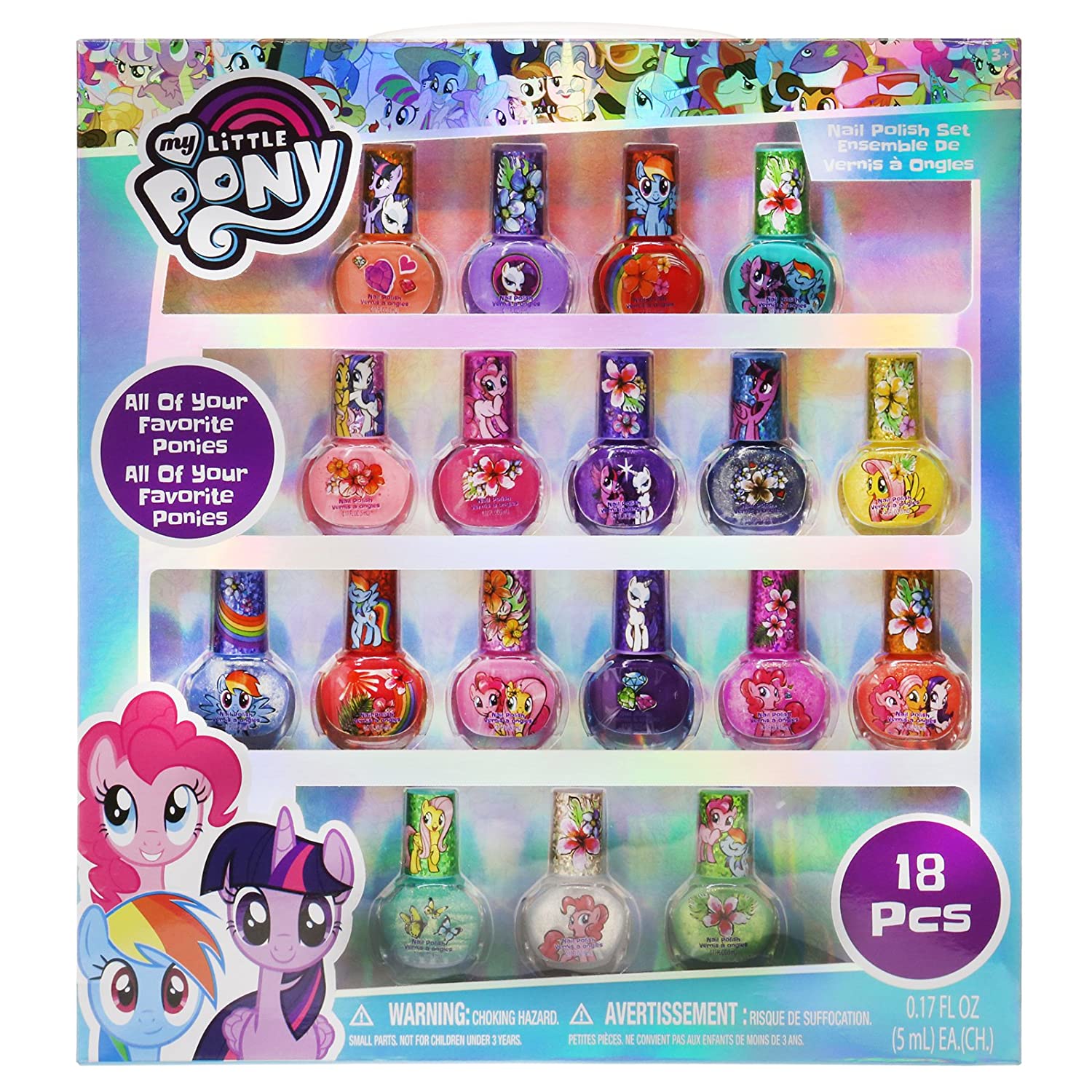 My Little Pony Kids Washable Super Sparkly Peel-Off Nail Polish Deluxe Set for Girls, 18 Colors