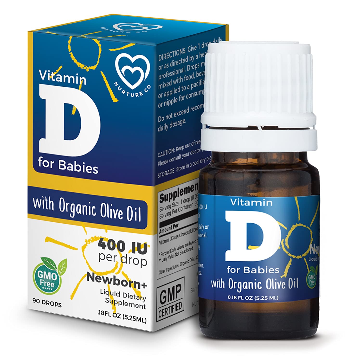 Nurture Co Vitamin D Drops for Infants - Baby Vitamin D Drops 400 IU - Non GMO D3 Supplement for Babies and Children with Organic Olive Oil - 150 Drops