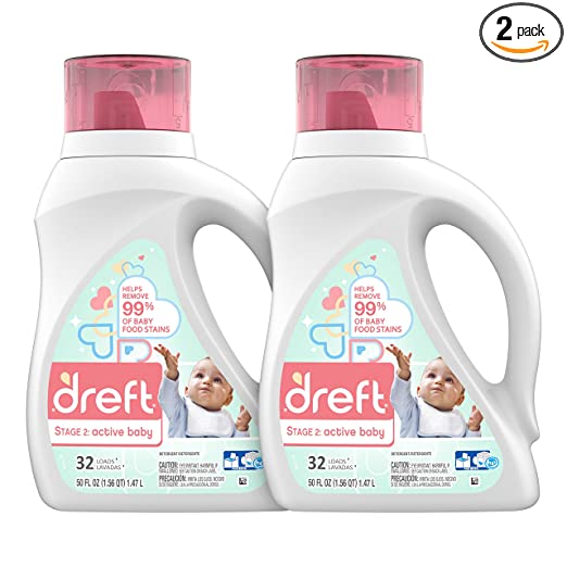 Dreft Stage 2: Active Hypoallergenic Liquid Baby Laundry Detergent for Baby, Newborn, or Infant, 50 Ounces(32 Loads), 2 Count (Packaging May Vary)