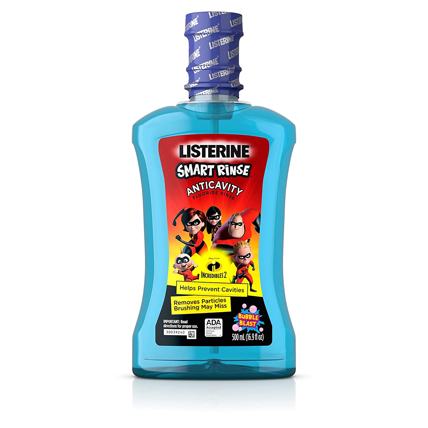 Listerine Smart Rinse Kids Alcohol-Free Anticavity Fluoride Mouthwash Featuring Disney/Pixar Incredibles 2 Packaging, Bubble Blast Flavor