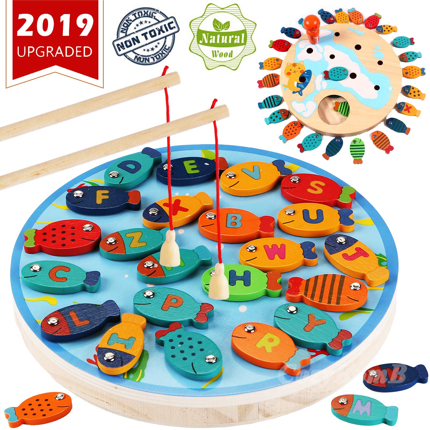 CozyBomB Magnetic Wooden Fishing Game Toy for Toddlers - Alphabet Fish Catching Counting Preschool Board Games Toys for 2 3 4 Year Old Girl Boy Kids Birthday Learning Education Math with Magnet Poles