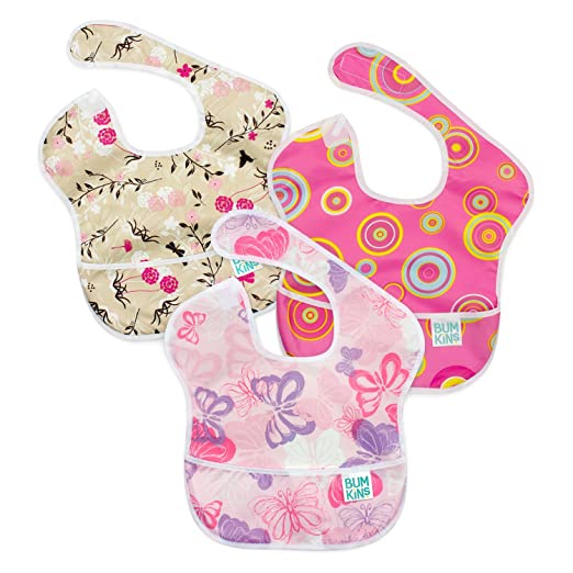 Bumkins SuperBib, Baby Bib, Waterproof, Washable, Stain and Odor Resistant, 6-24 Months, 3-Pack - Pink Fizz, Butterfly, Flutter Floral