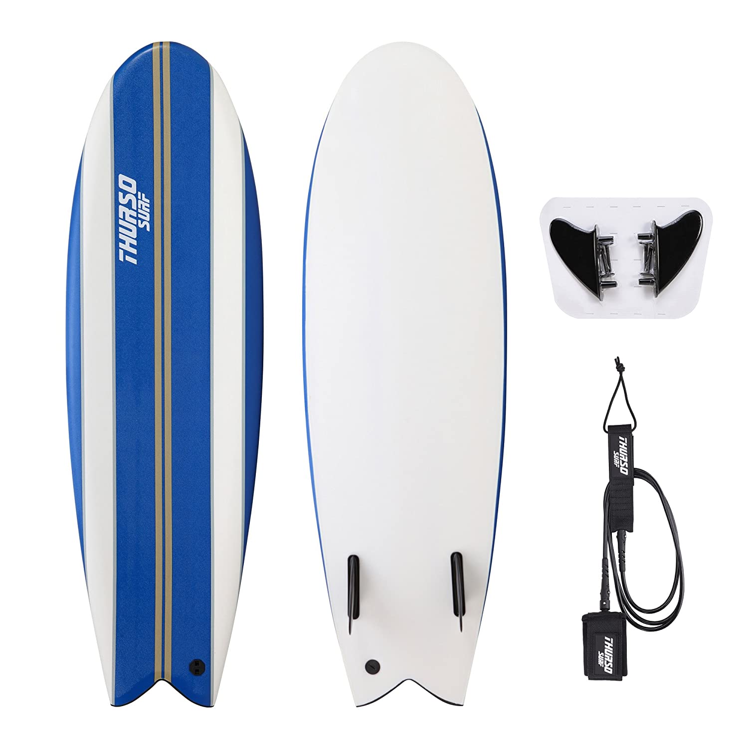 THURSO SURF Lancer 5'10'' Fish Soft Top Surfboard Package Includes Twin Fins Double Stainless Steel Swivel Leash EPS Core IXPE Deck HDPE Slick Bottom Built in Non Slip Deck Grip