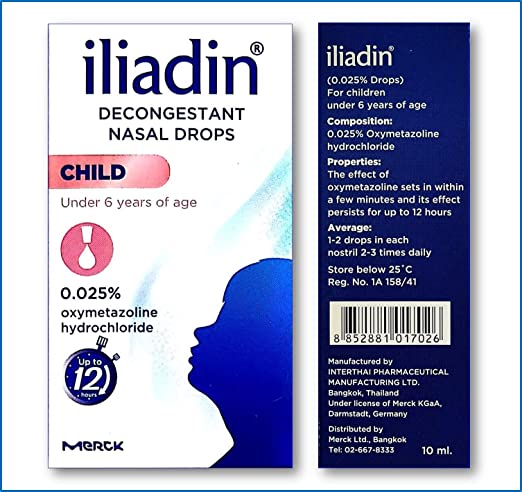 Iliadin Pedriatric Nasal Decongestant 0.025% Drops (New Look 0.34 Ounces) for Children Under 6 Years of Age Effective to Relief of Nasal Congestion in Common Cold, Sinusitis and Syringitis